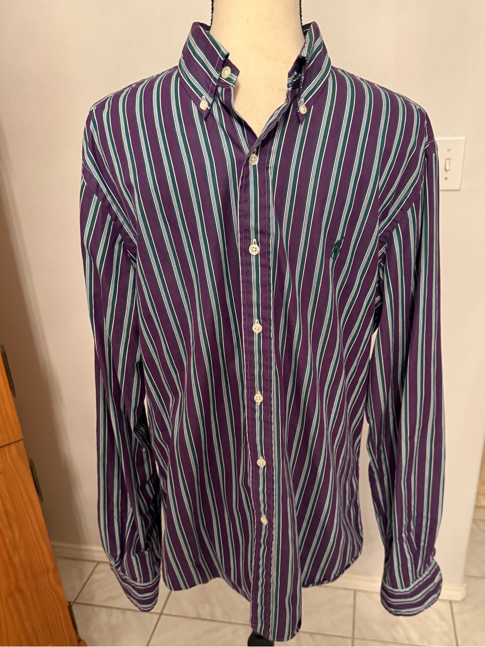 Vtg Ralph Lauren Purple Button-Down Shirt Vertical Stripes Custom fit 16 Large